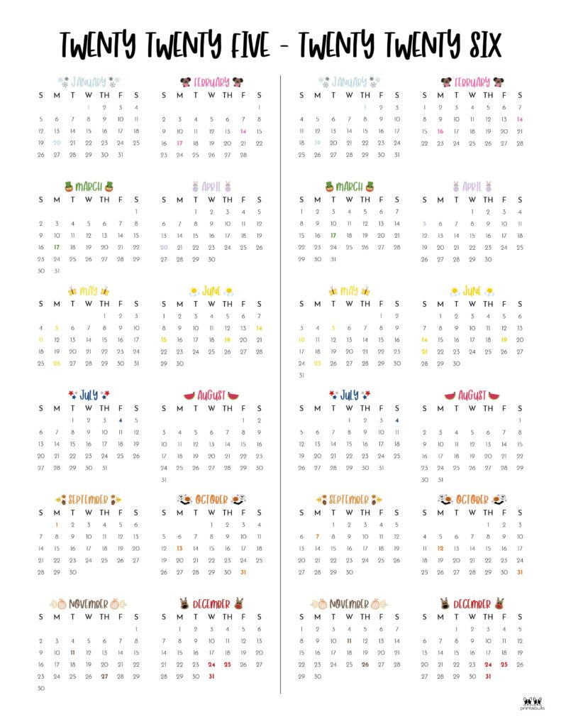 2025-2026 Two Year Calendars - 10 Free Cals | Printabulls | Free Printable Calendar August 2025 - June 2026