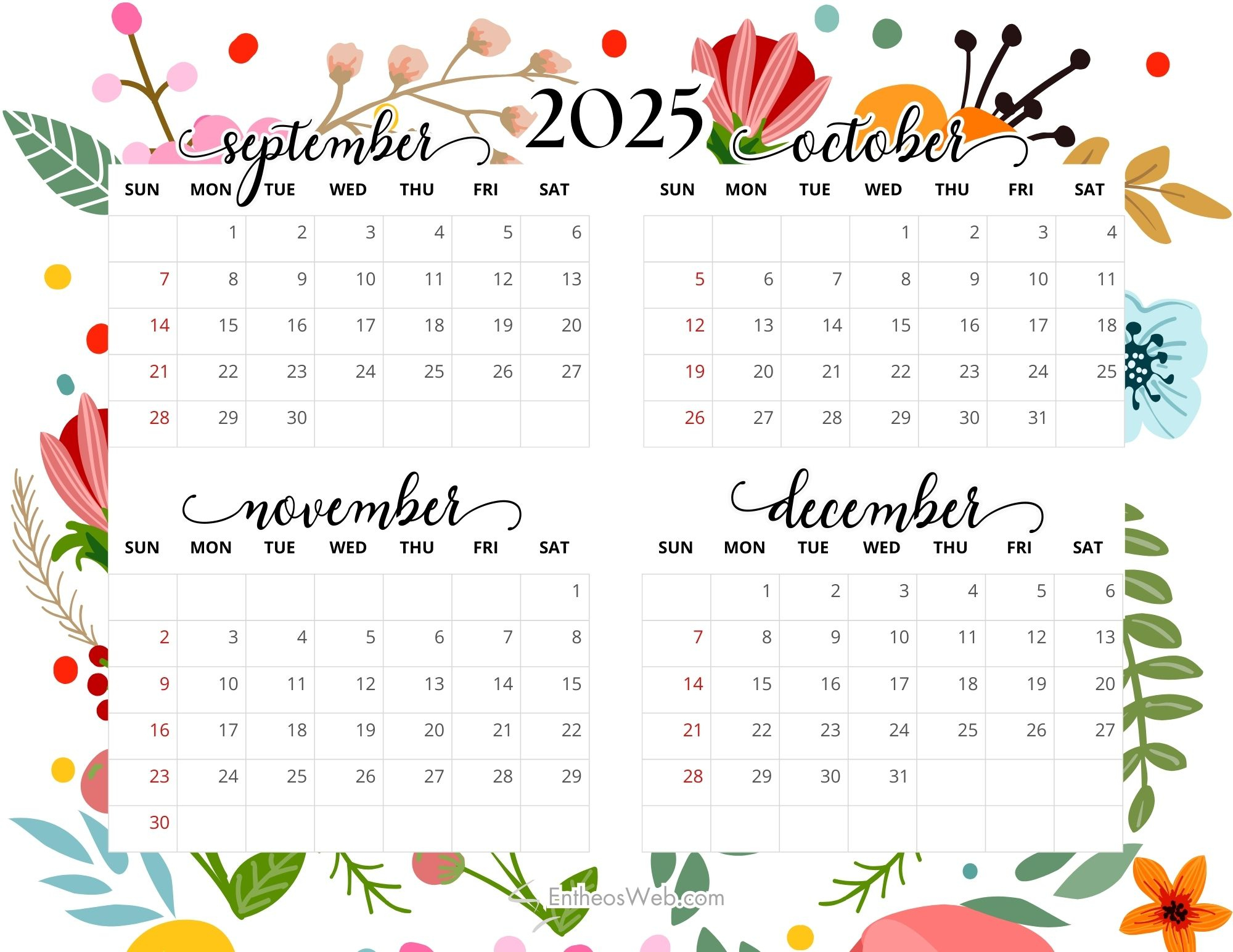 4 Month Calendar Printables – September, October, November And | August September October November December 2025 Calendar