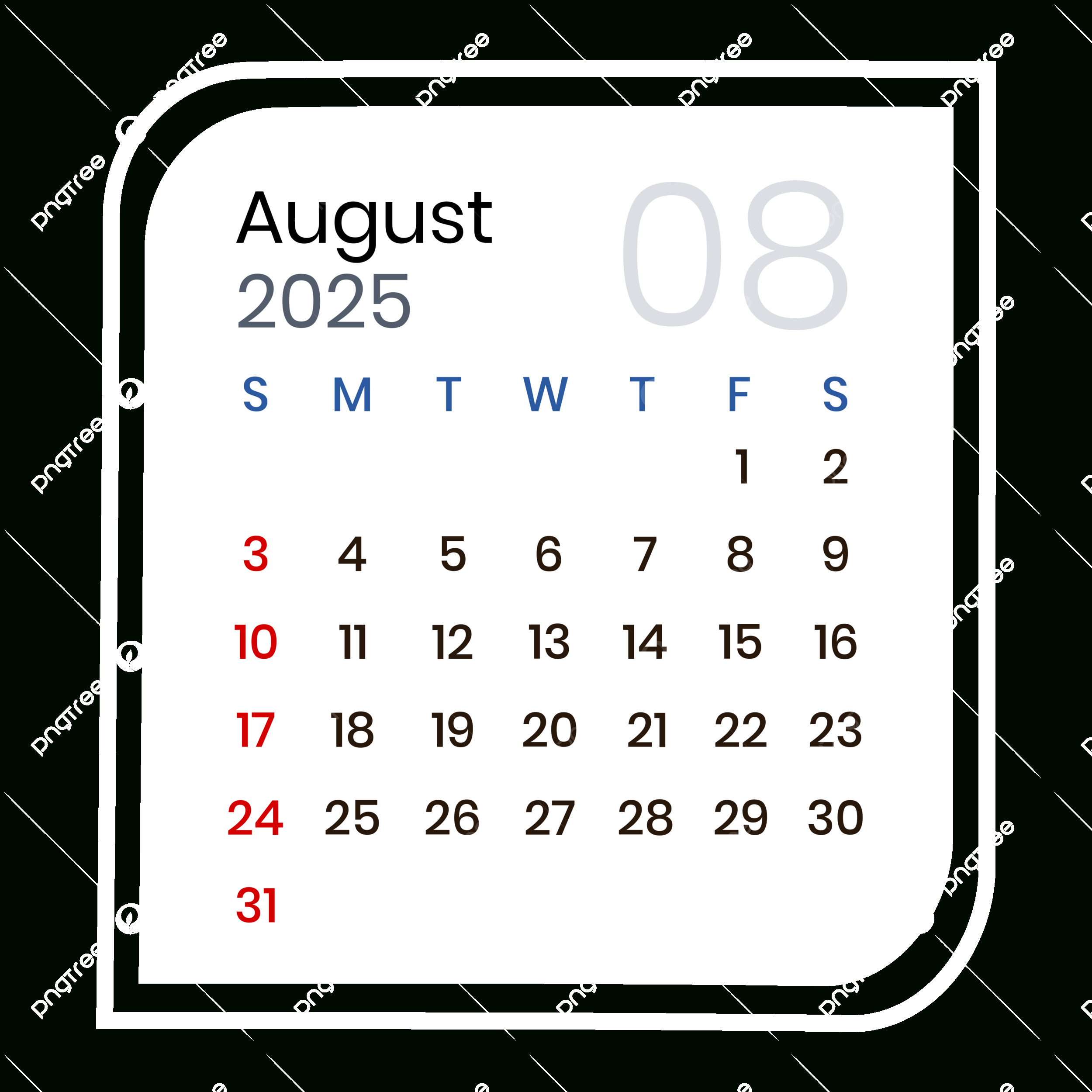 August 2025 Calendar Minimalist Vector, 2025, August Calendar | August 2025 Calendar Transparent Background