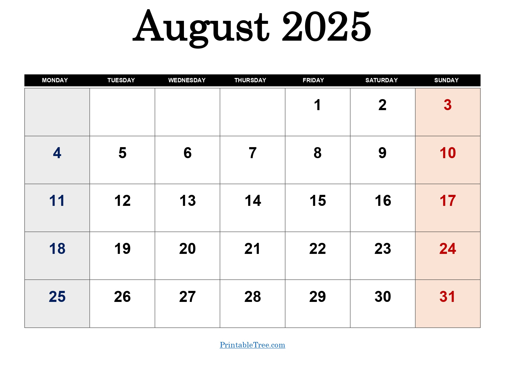 August 2025 Calendar Printable Pdf Template With Holidays | August 2025 Calendar Monday Start