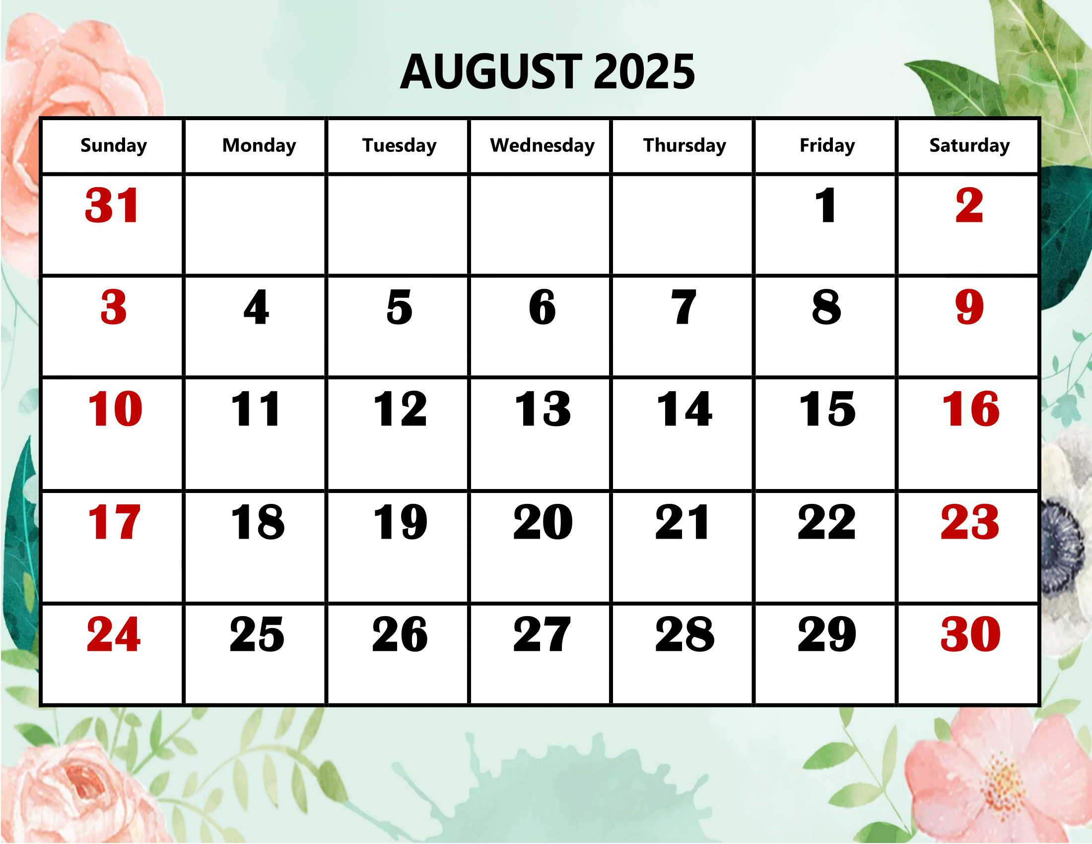 August 2025 Calendar Printable Pdf Template With Holidays | August 2025 Printable Calendar with Holidays