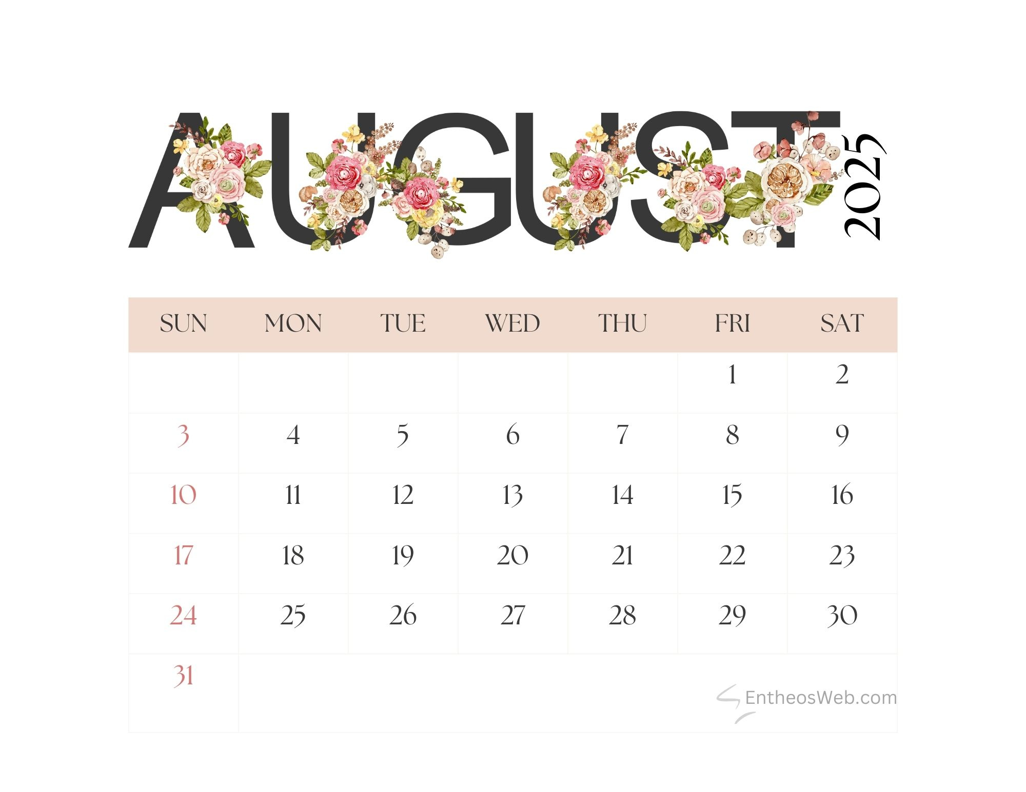 August 2025 Calendar Printables | Entheosweb | Calendar 2025