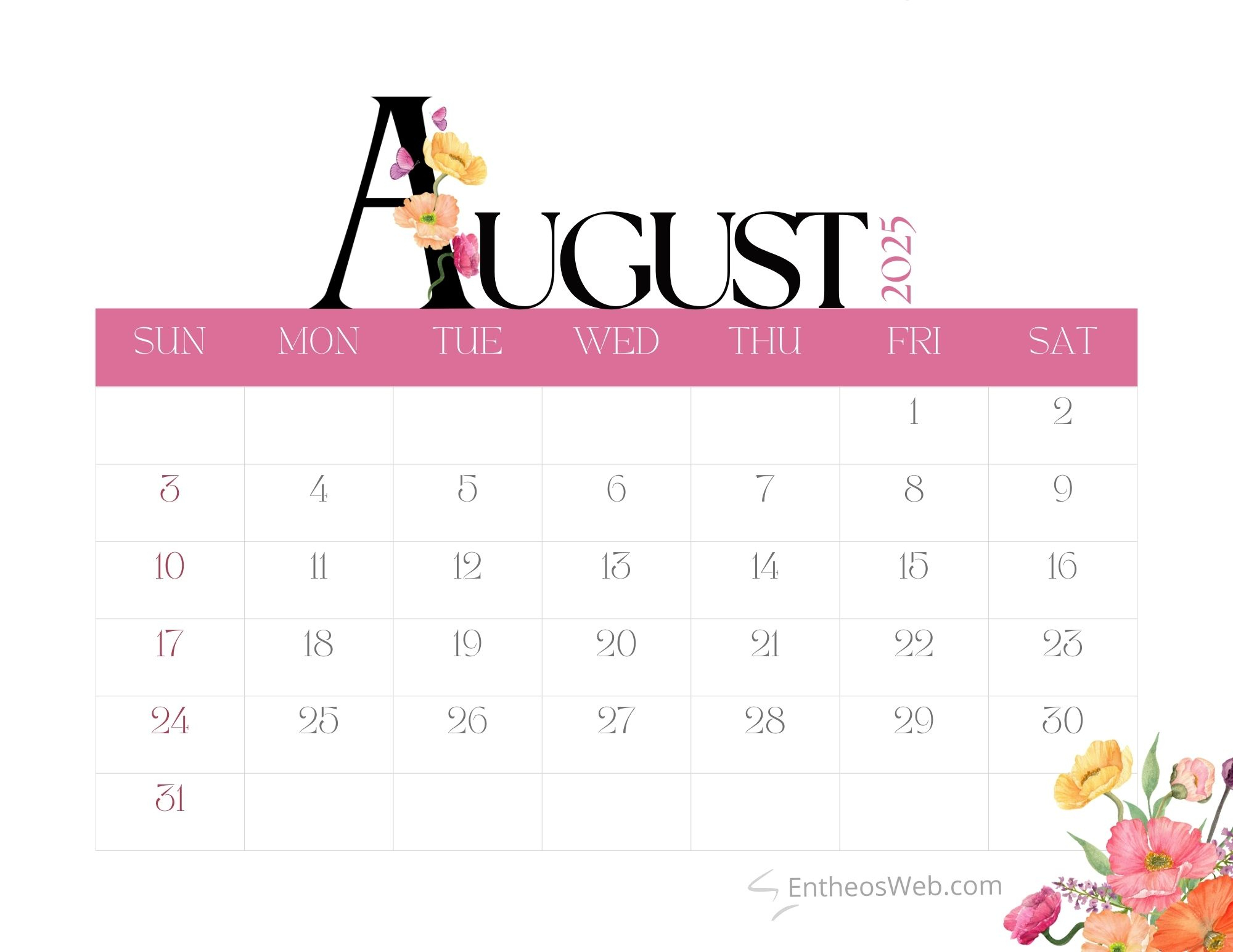 August 2025 Calendar Printables | Entheosweb | Calendar 2025