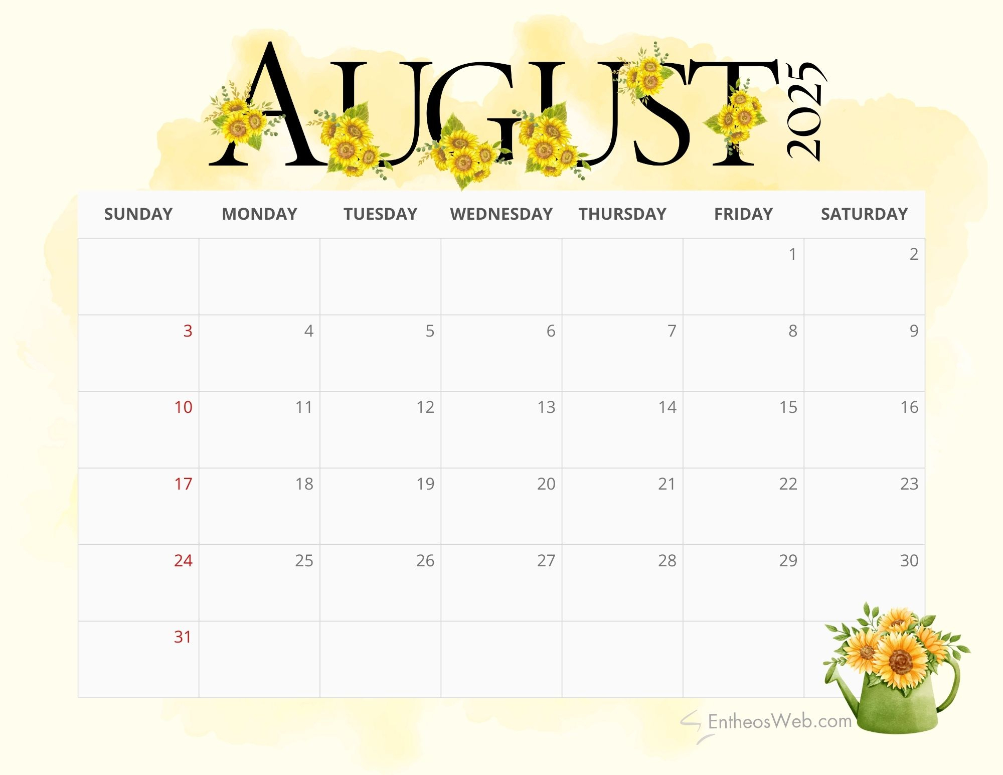 August 2025 Calendar Printables | Entheosweb | Calendar 2025