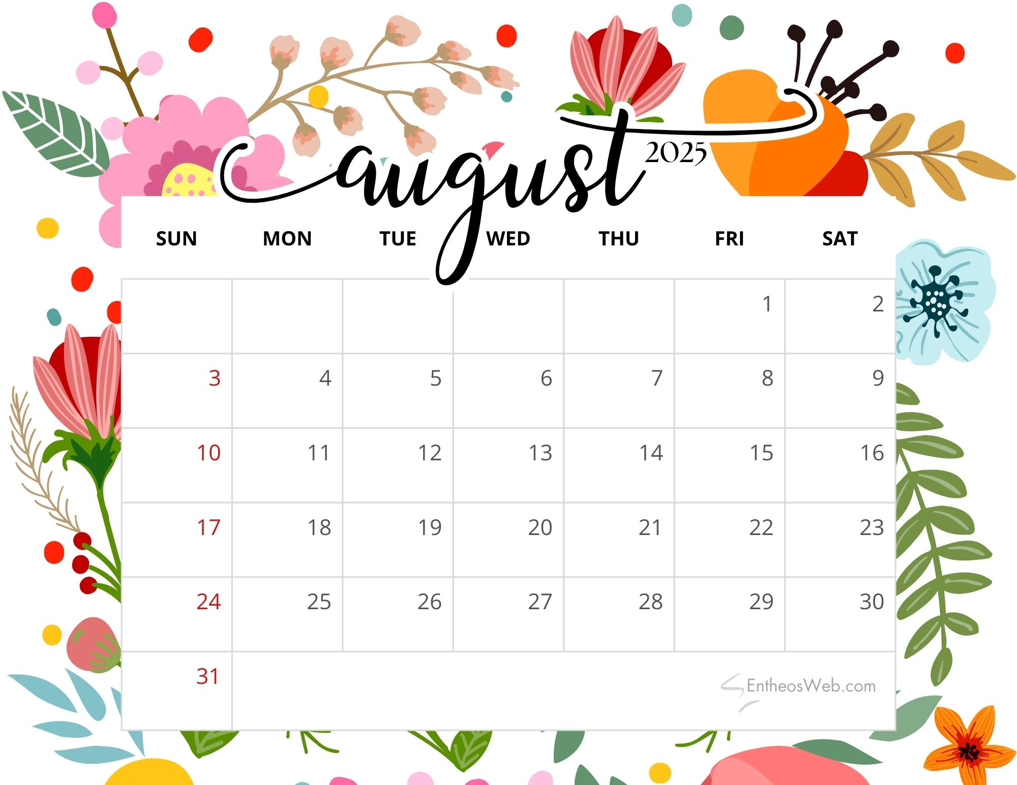 August 2025 Calendar Printables | Entheosweb | Calendar 2025
