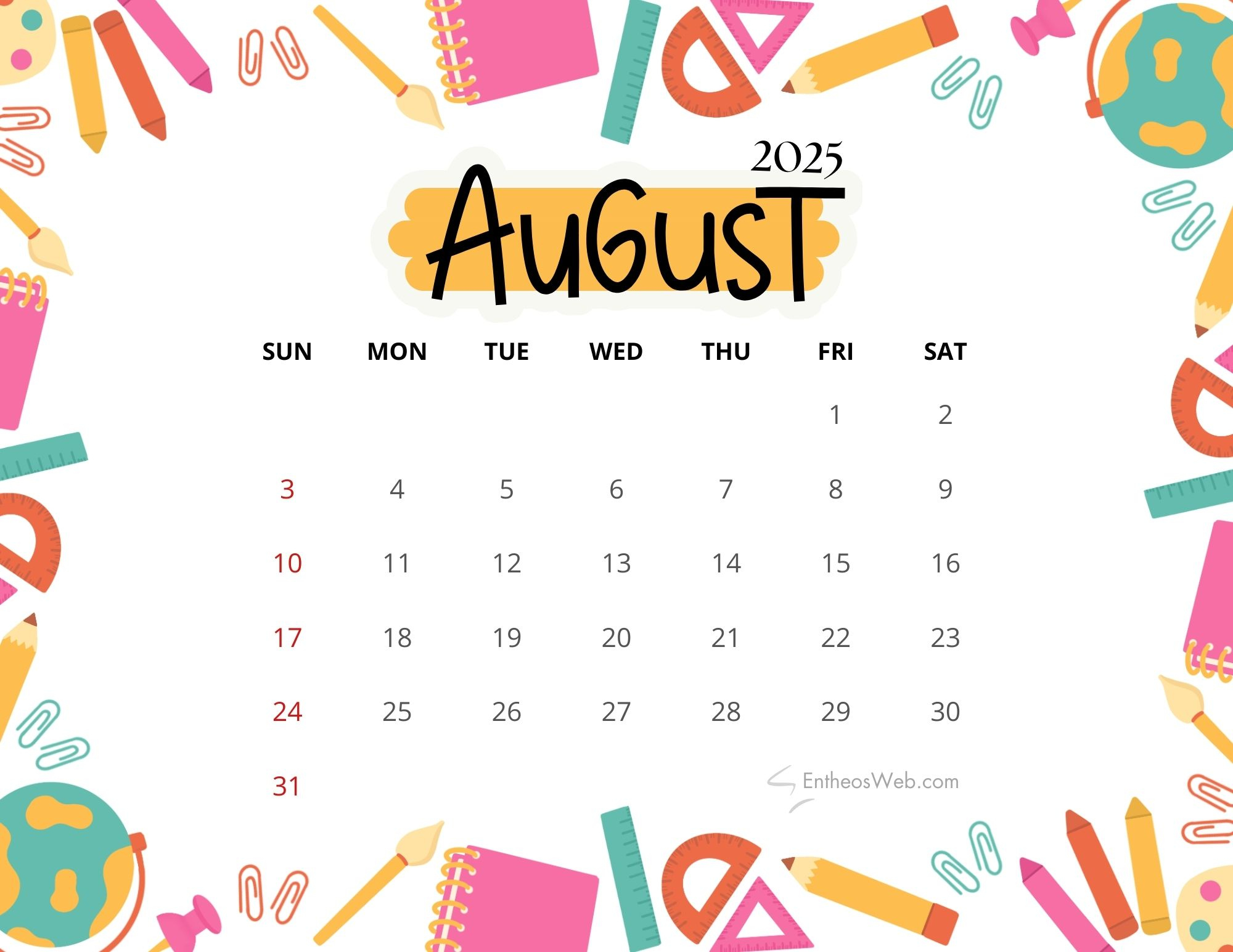 August 2025 Calendar Printables | Entheosweb | Cute August 2025 Calendar