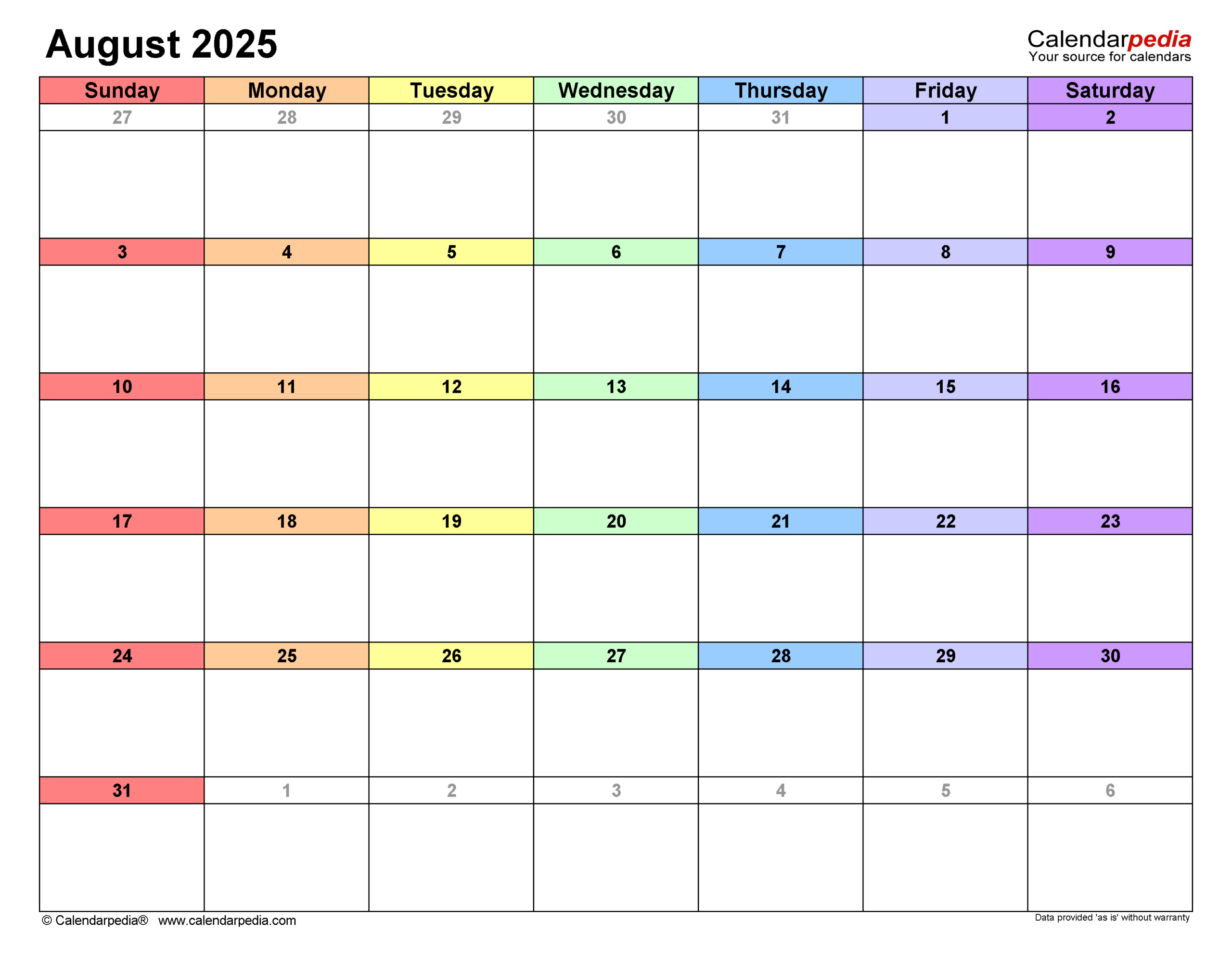 August 2025 Calendar | Templates For Pdf, Excel And Word | August 2025 Calendar Editable Word