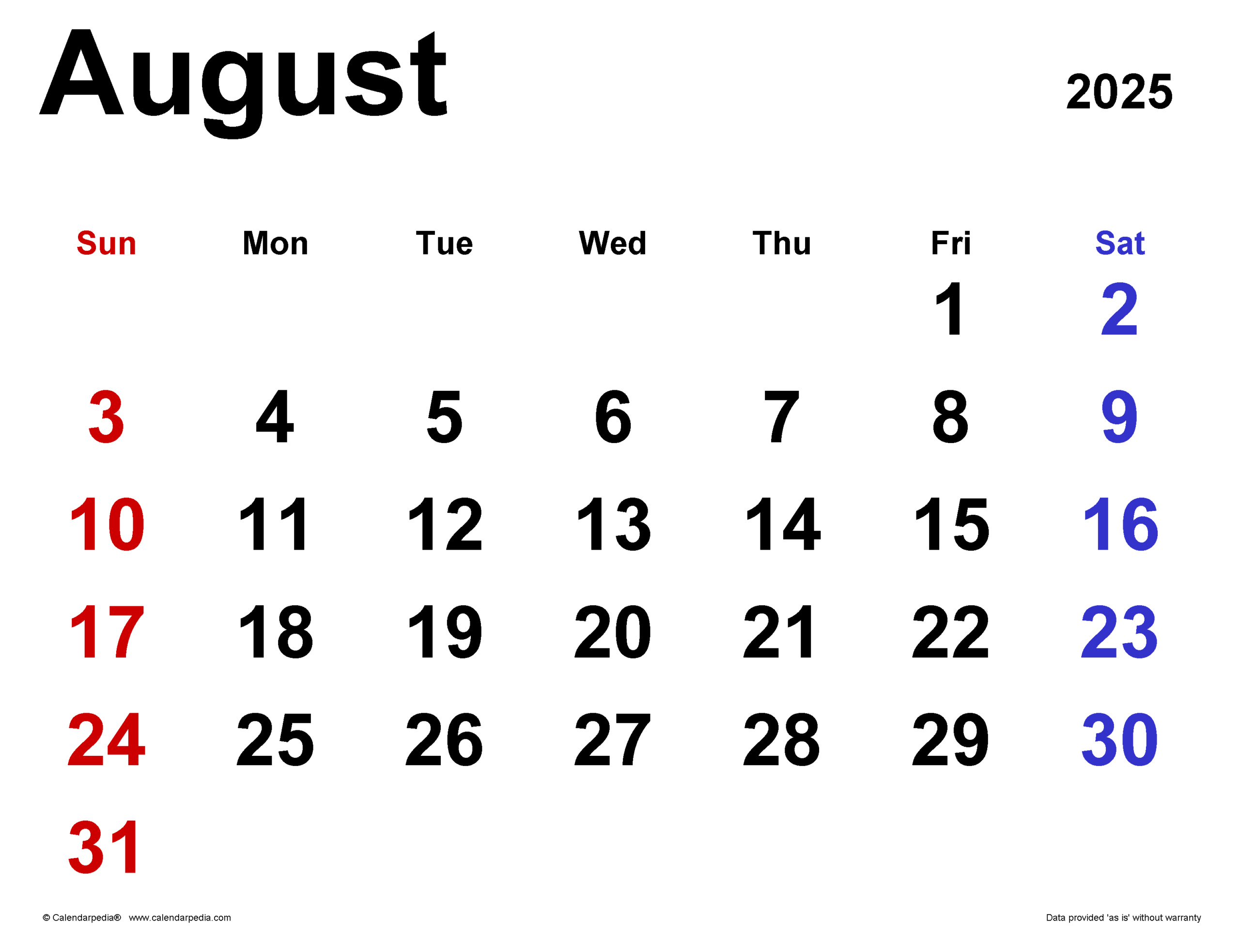 August 2025 Calendar | Templates For Pdf, Excel And Word | August 6th 2025 Calendar
