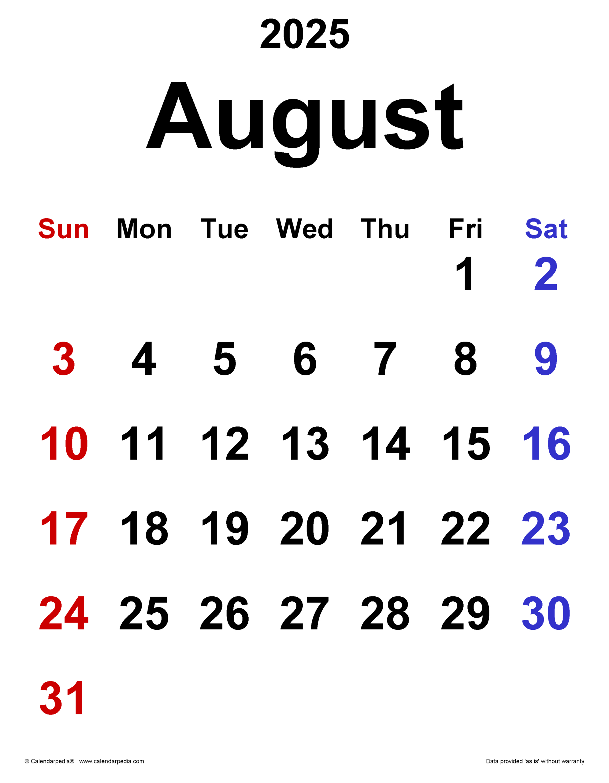 August 2025 Calendar | Templates For Pdf, Excel And Word | Calendar 2025