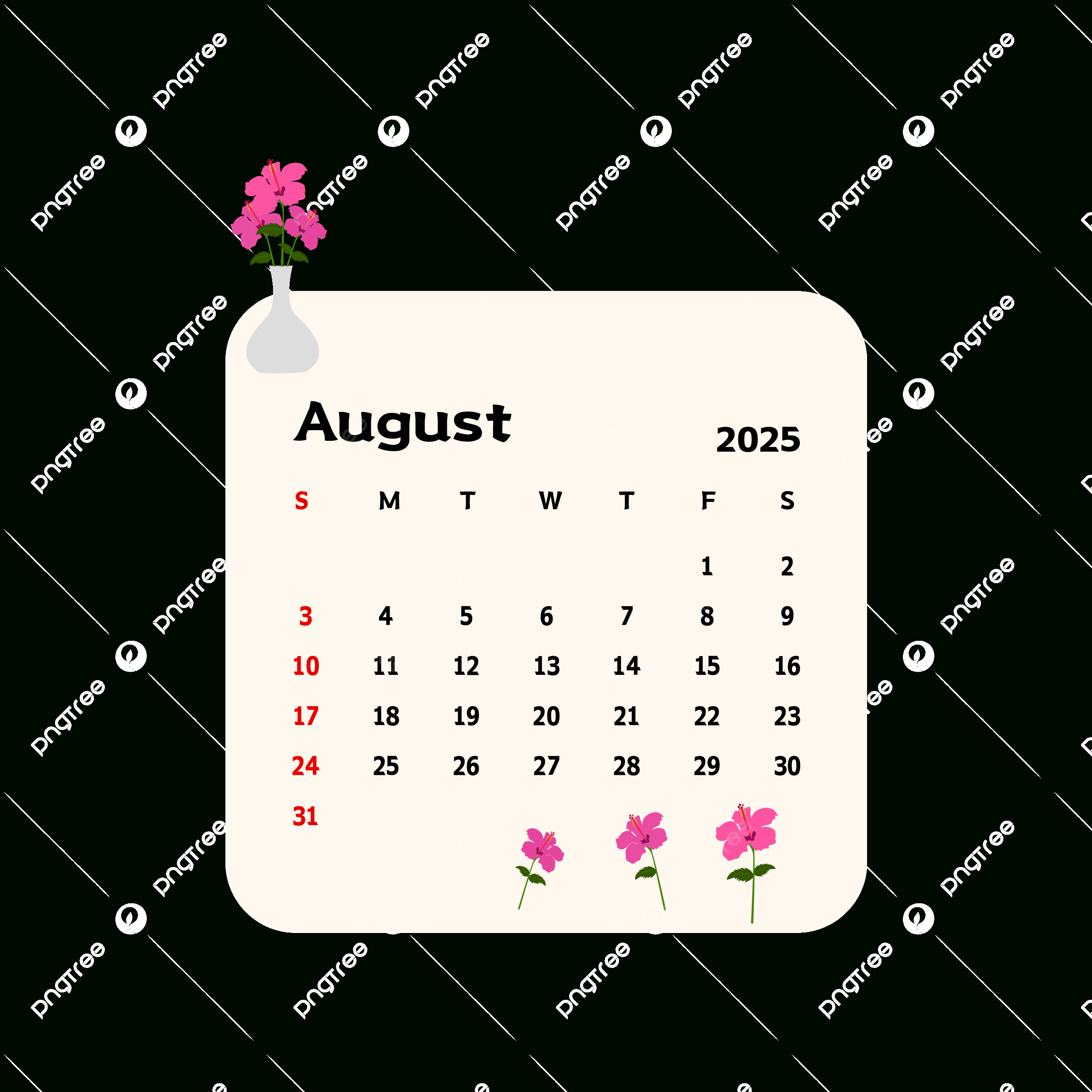 August 2025 Calendar With Cartoon Pink Flowers Vector, Calendar | Calendar 2025