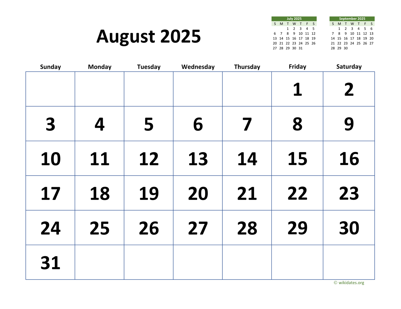 August 2025 Calendar With Extra-Large Dates | Wikidates | August 8 2025 Calendar