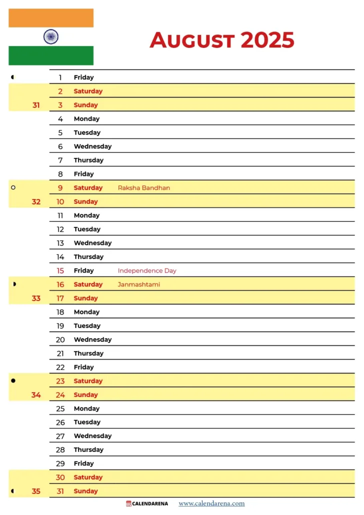 August 2025 Calendar with Holidays India | Calendar 2025