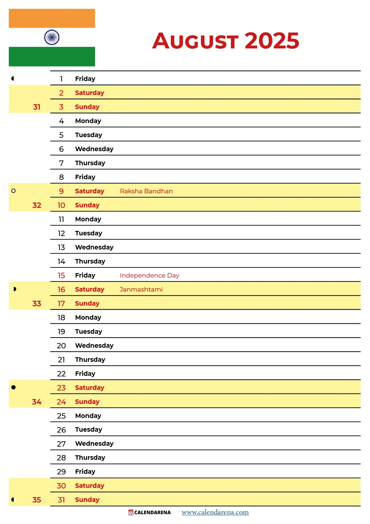 August 2025 Calendar With Holidays India | August 2025 Calendar with Holidays India