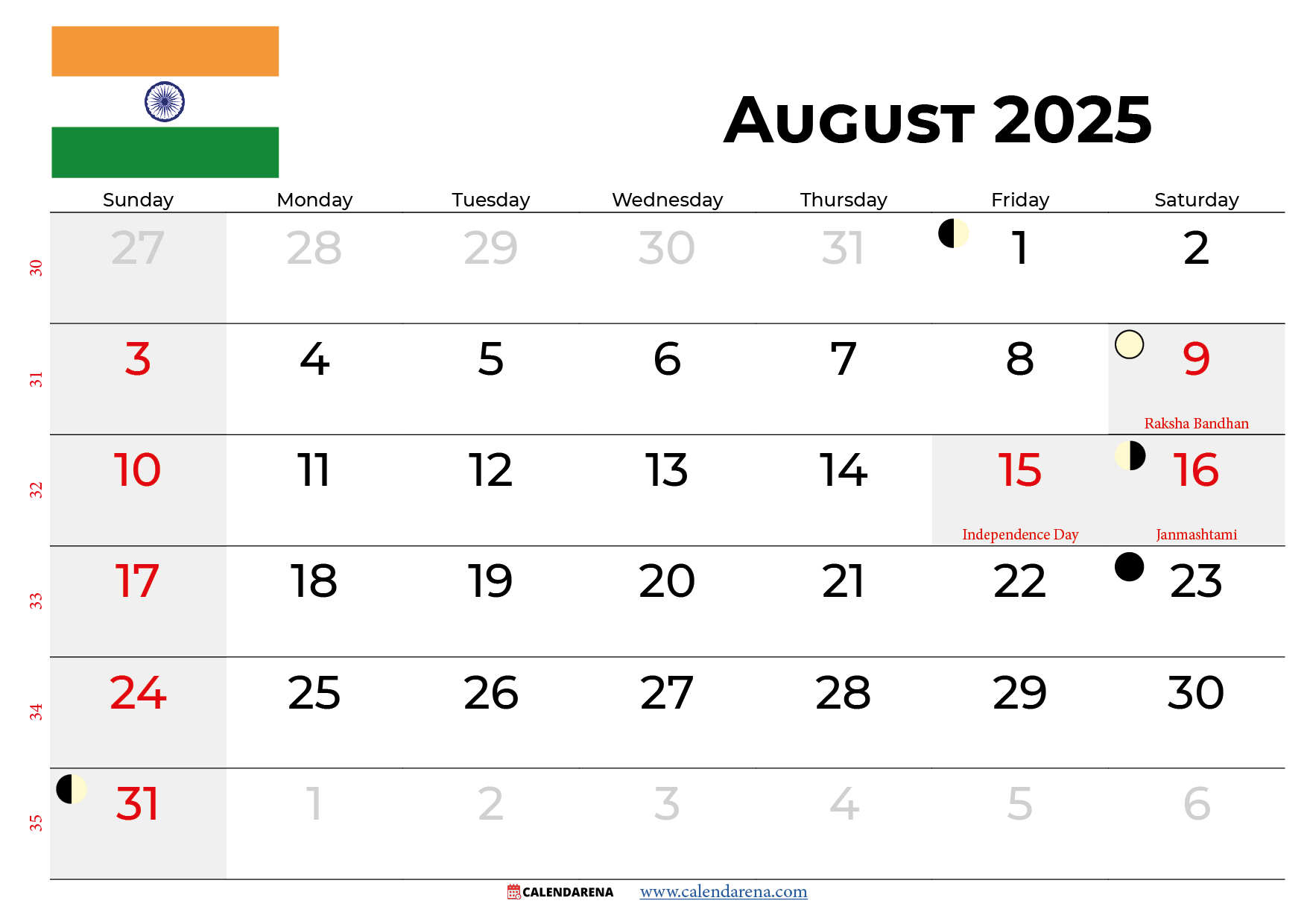 August 2025 Calendar With Holidays India | August 2025 Holidays Calendar