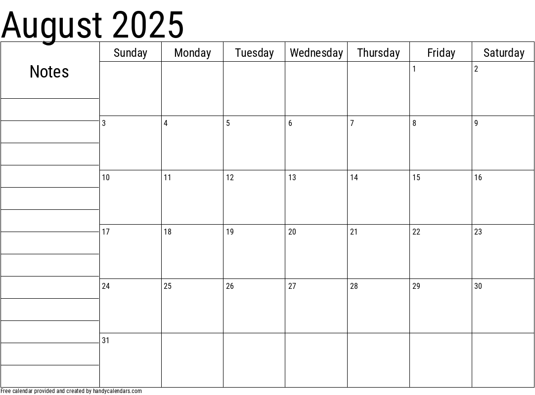 August 2025 Calendar With Notes - Handy Calendars | August 2025 Calendar With Notes