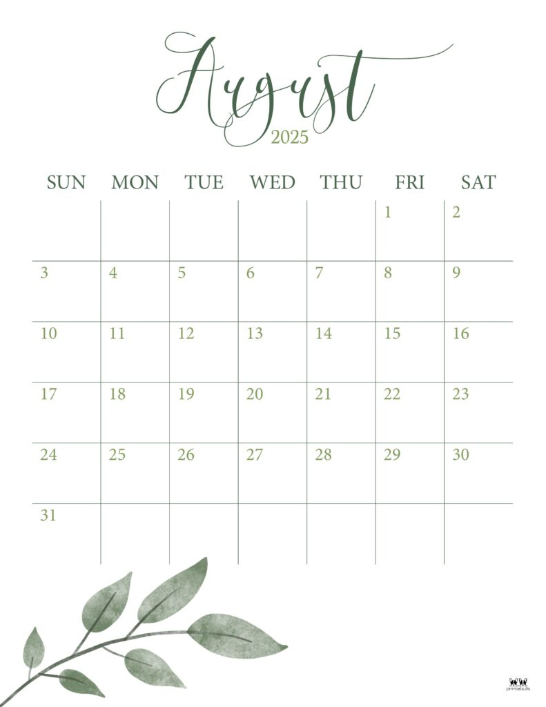 August 2025 Calendars - 107 Free Printables | Printabulls | August 2025 Calendar Printable Portrait