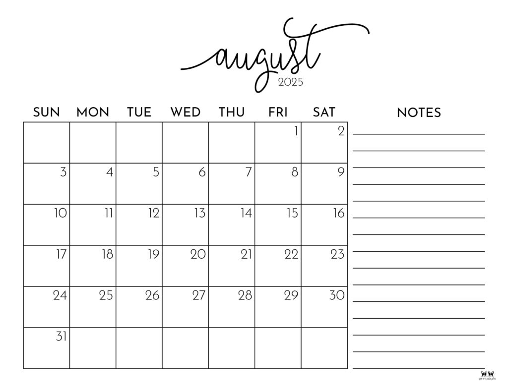 August 2025 Calendars - 107 Free Printables | Printabulls | August 2025 Calendar with Notes