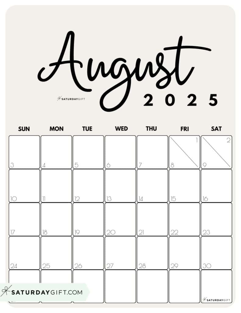 August 2025 Calendars - 23 Cute Free Printable Pdfs | Saturdaygift | August 2025 Vertical Calendar