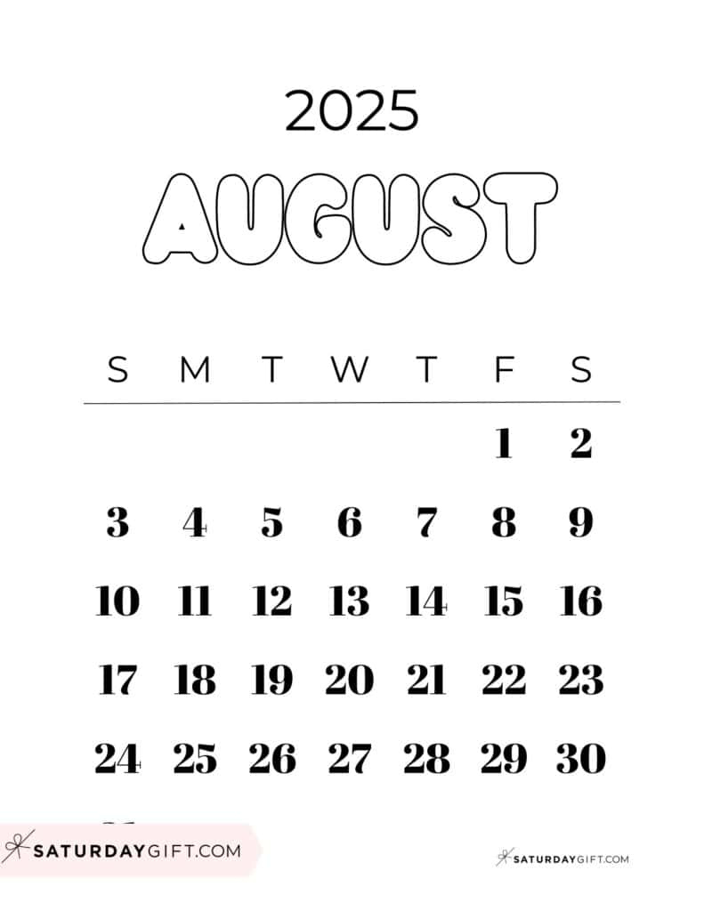 August 2025 Calendars - 23 Cute Free Printable Pdfs | Saturdaygift | August 30 2025 Calendar
