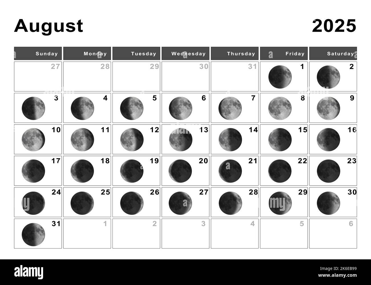 August 2025 Lunar Calendar, Moon Cycles, Moon Phases Stock Photo | Moon Calendar For August 2025