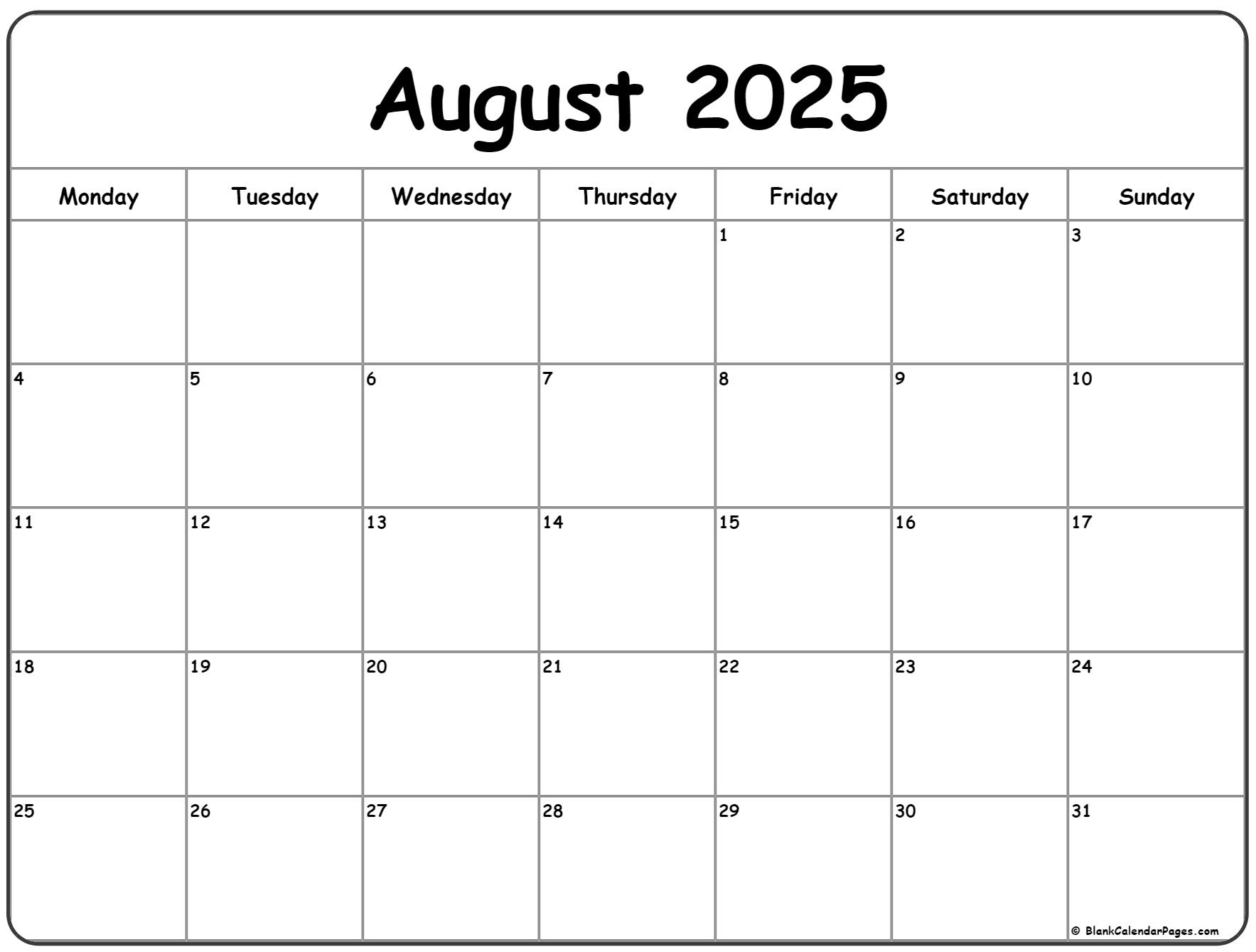 August 2025 Monday Calendar | Monday To Sunday | August 2025 Calendar Monday Start