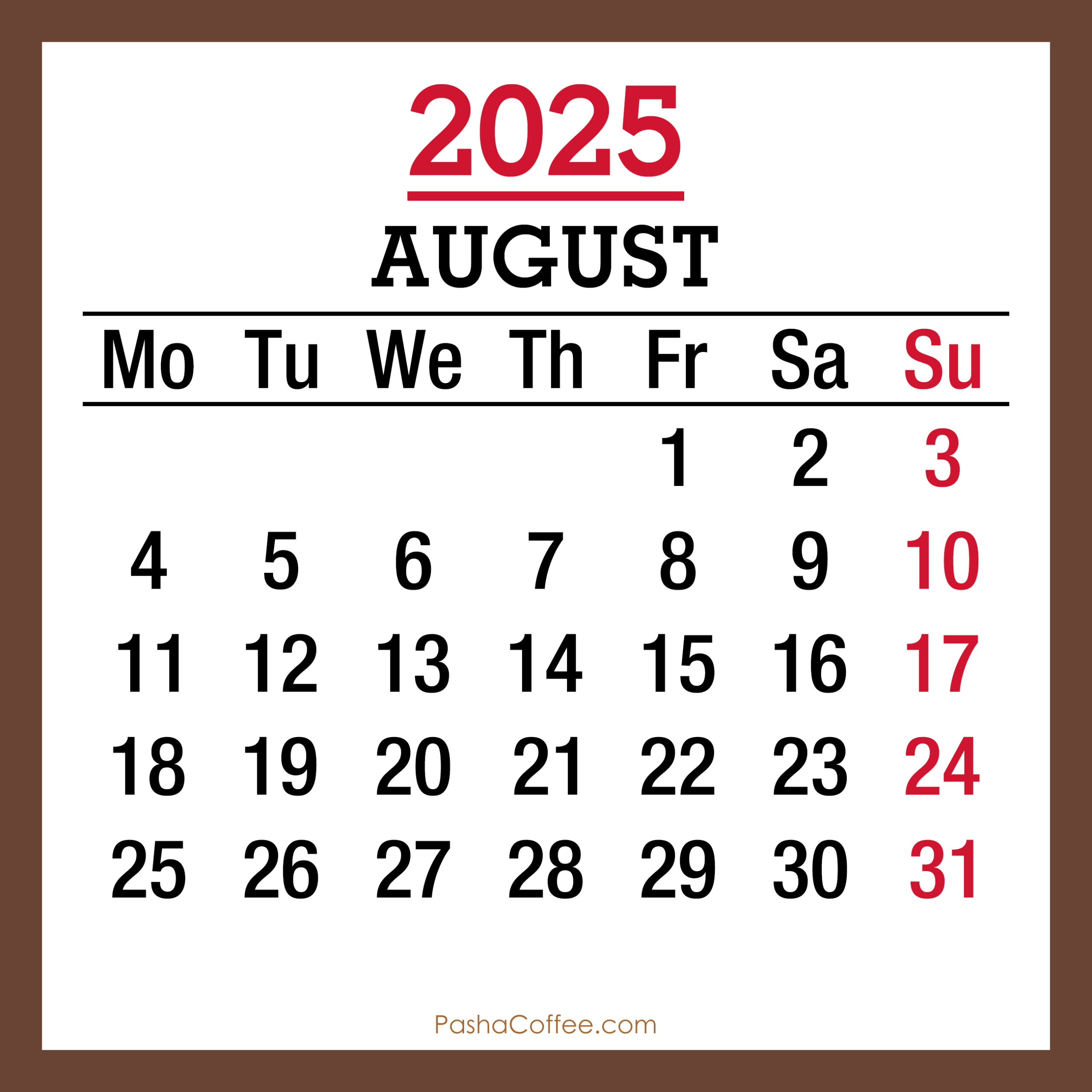 August 2025 Monthly Calendar, Printable Free, Brown, Monday Start | Calendar 2025