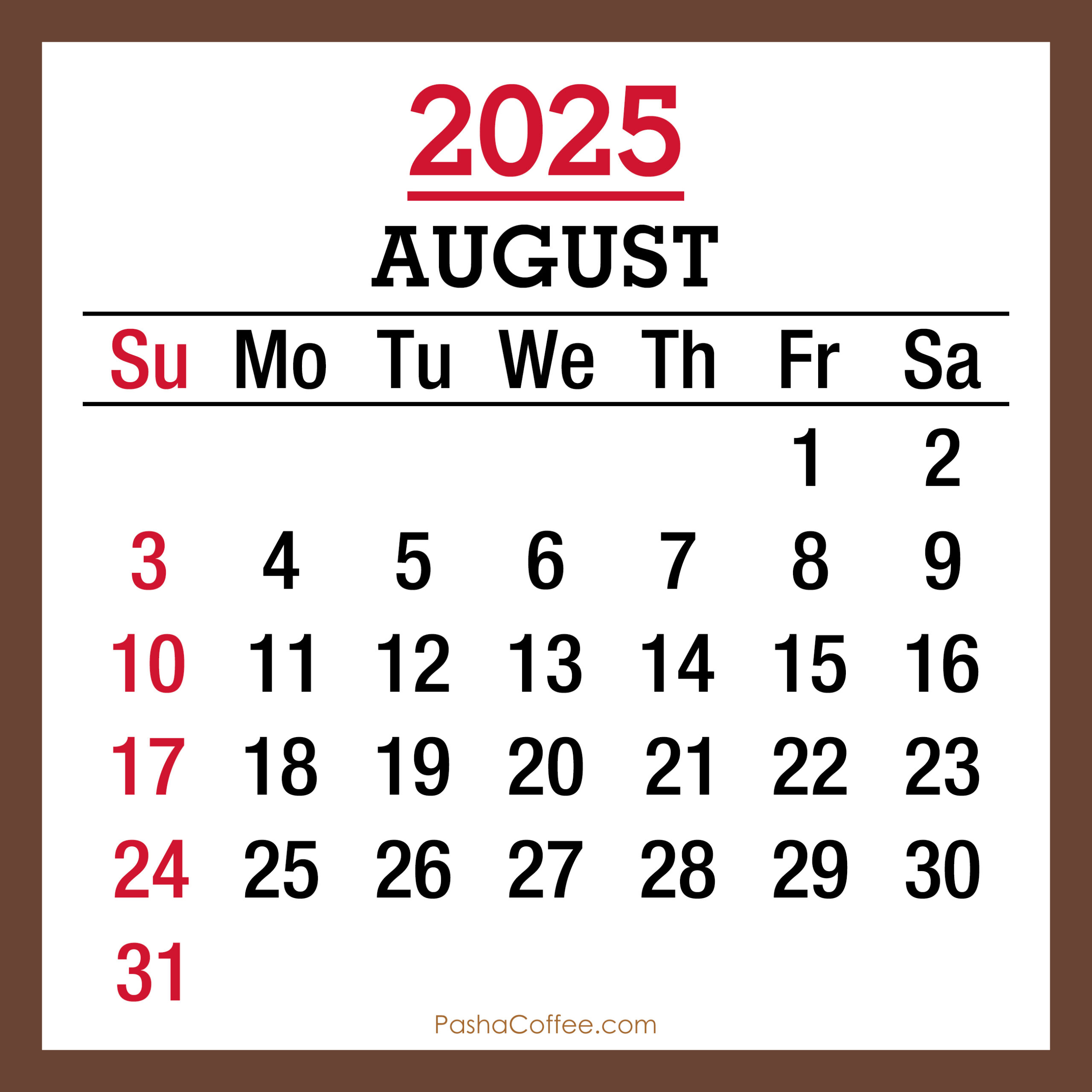 August 2025 Monthly Calendar With Holidays, Printable Free, Brown | August 26 2025 Calendar