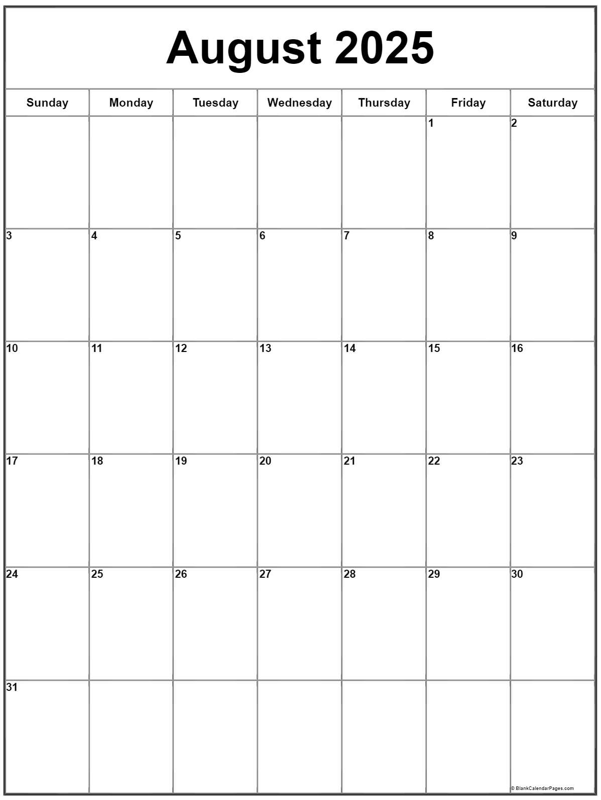 August 2025 Vertical Calendar | Portrait | August 2025 Calendar Printable Portrait
