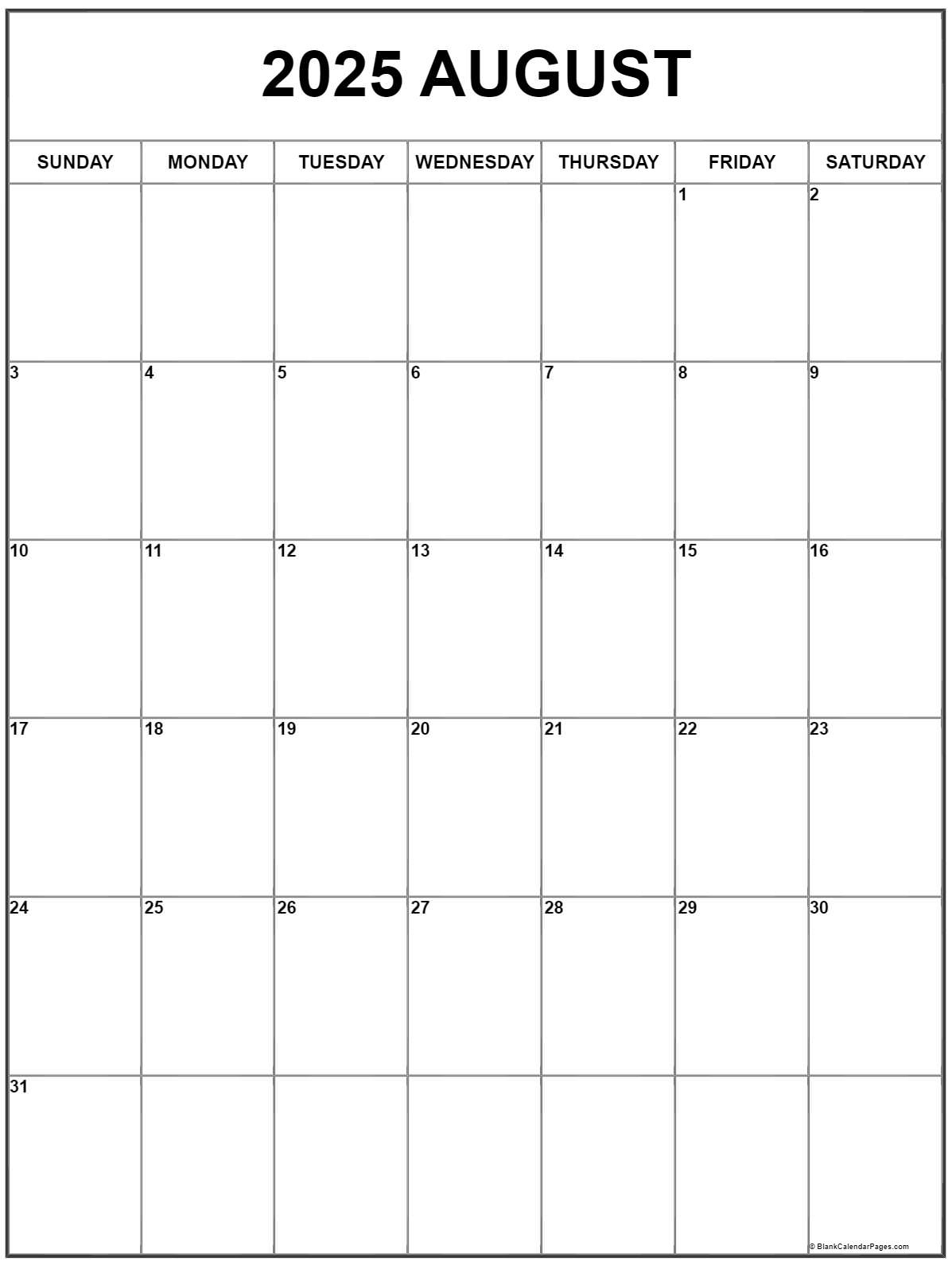 August 2025 Vertical Calendar | Portrait | Large August 2025 Calendar Printable Free