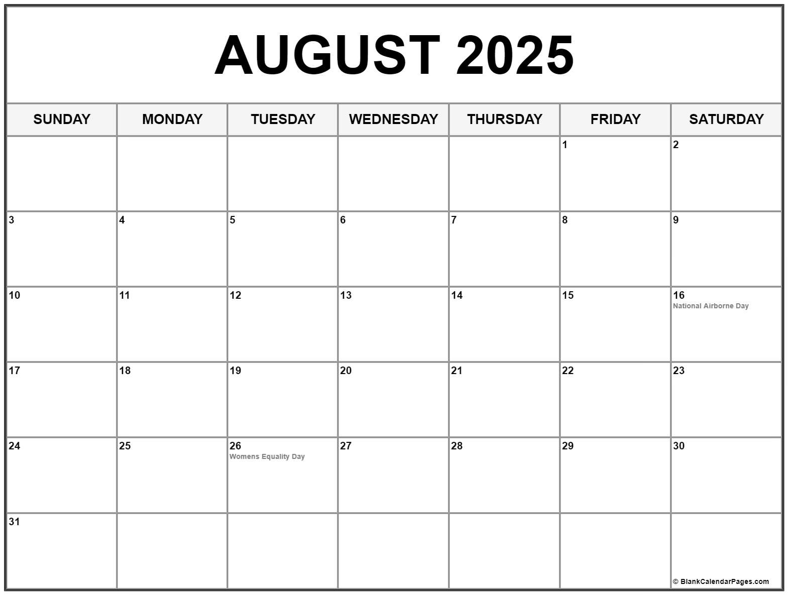 August 2025 With Holidays Calendar | Holiday Calendar For August 2025