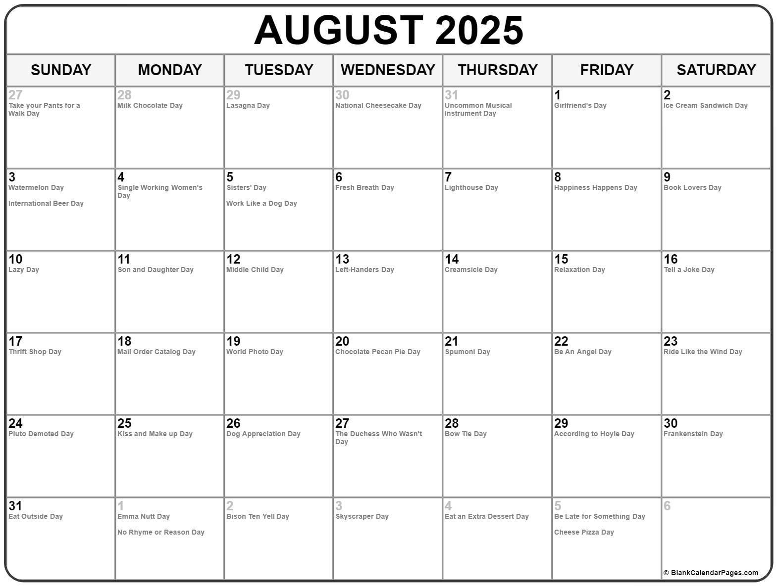 August 2025 With Holidays Calendar | National Day Calendar August 2025