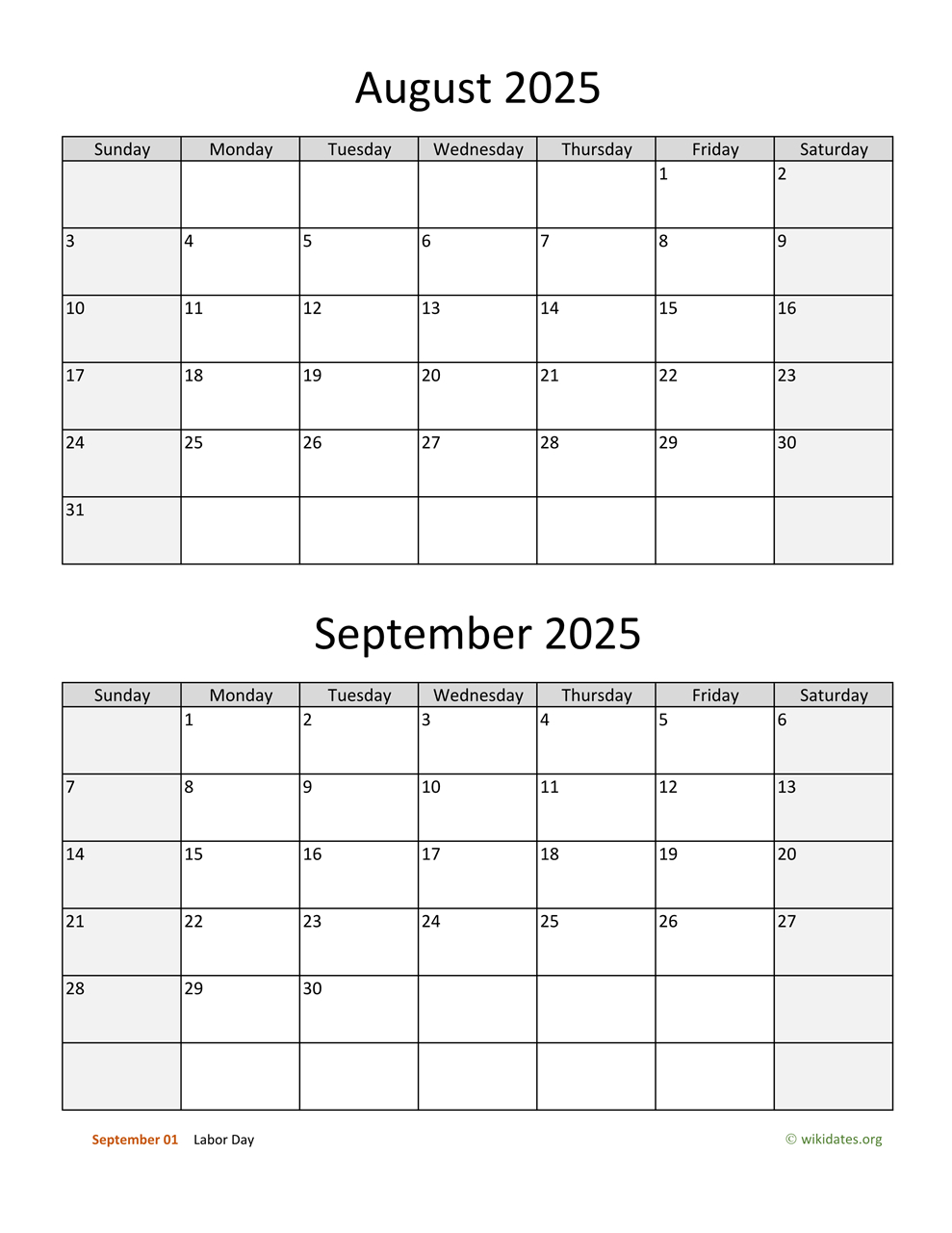 August And September 2025 Calendar | Wikidates | August September And October 2025 Calendar