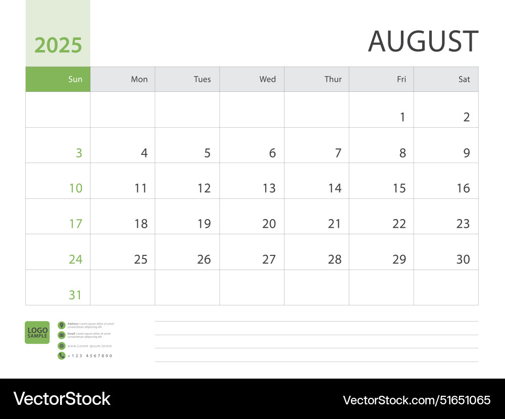 August Design Planner Desk Calendar 2025 Vector Image | Flip Calendar Starting From August 2025