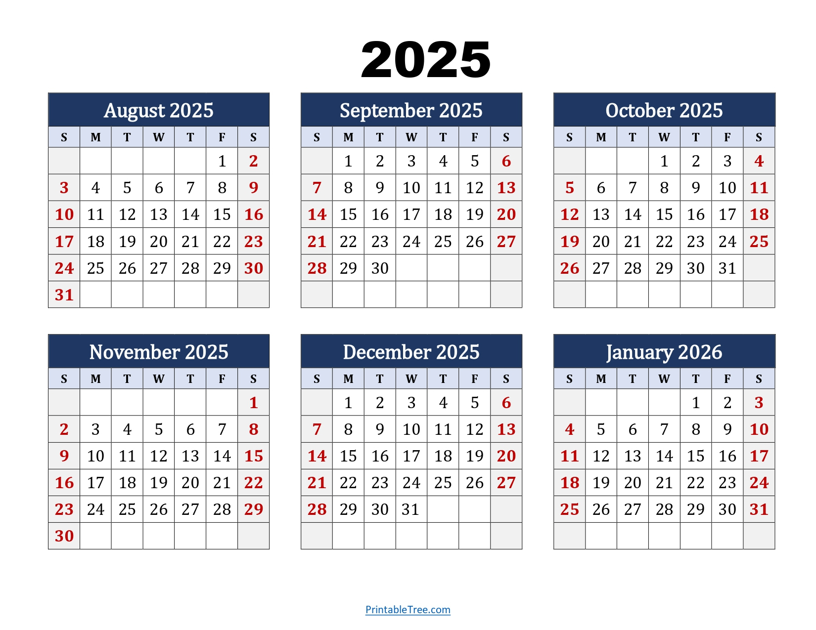 August To January 2026 Calendar Printable Pdf | Six Months Calendar | Calendar 2025