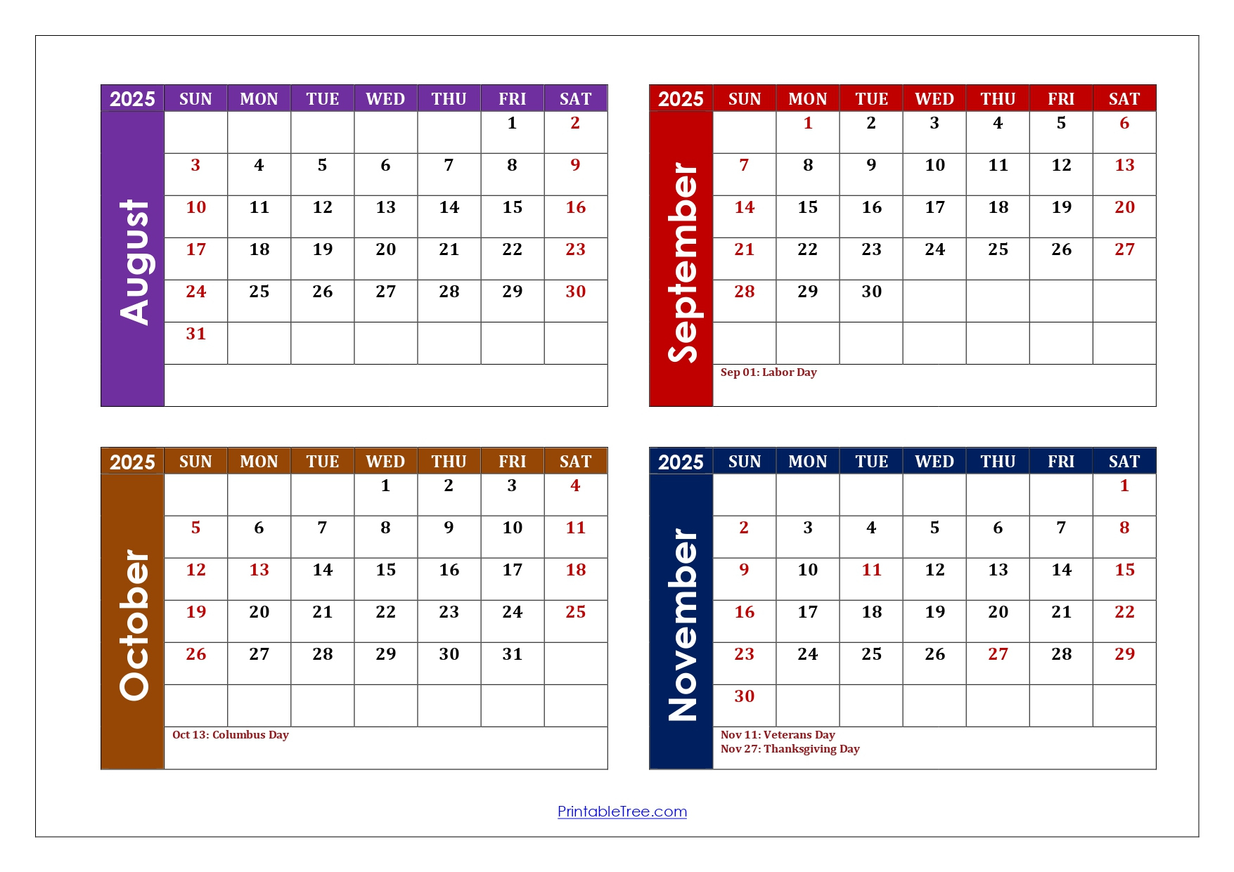 August To November 2025 Calendar Printable Pdf | Four Months Calendar | Calendar 2025