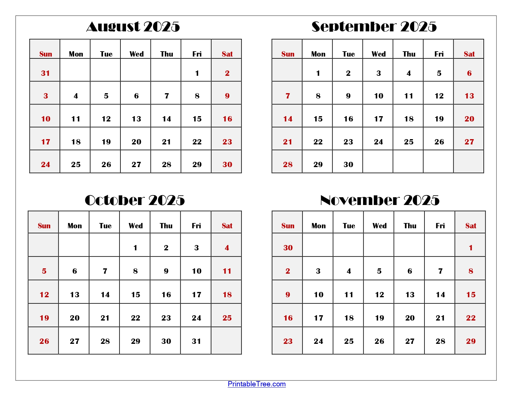 August To November 2025 Calendar Printable Pdf | Four Months Calendar | Calendar 2025