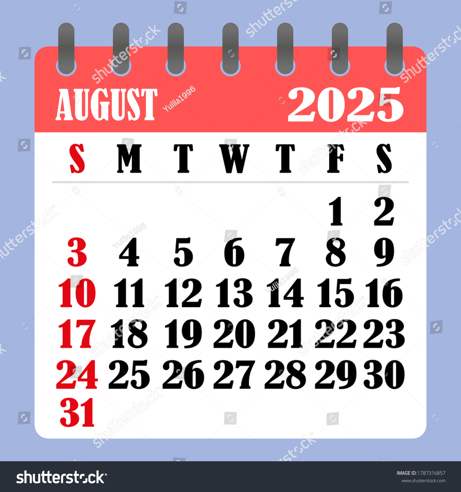 Briefkalender Für August 2025. Die Woche: Stock-Vektorgrafik | August 5 2025 Calendar