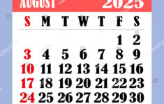 Briefkalender Für August 2025. Die Woche: Stock-Vektorgrafik | August 9 2025 Calendar
