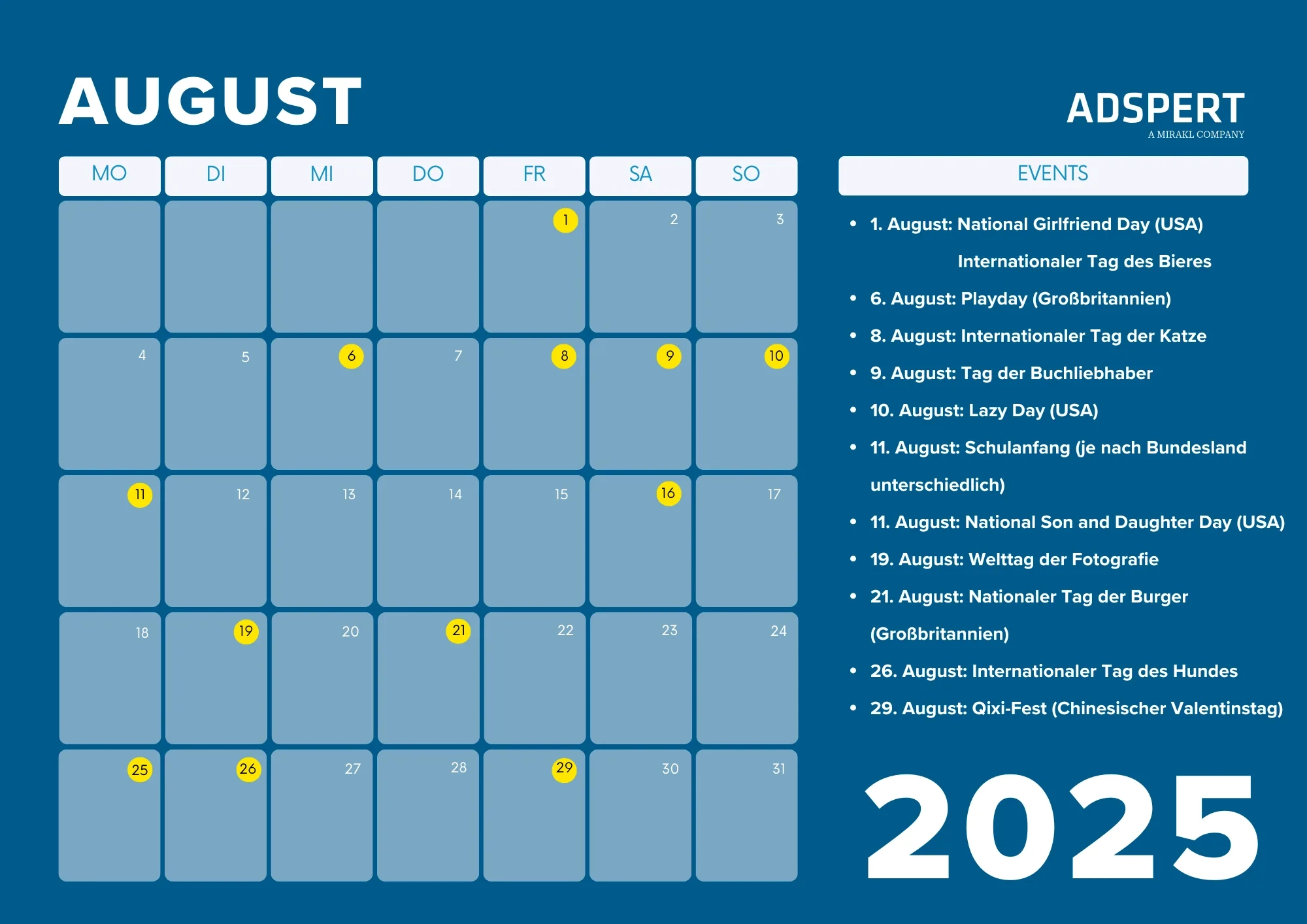 Business Kalender 2025 Für Ecommerce (International) | August National Day Calendar 2025