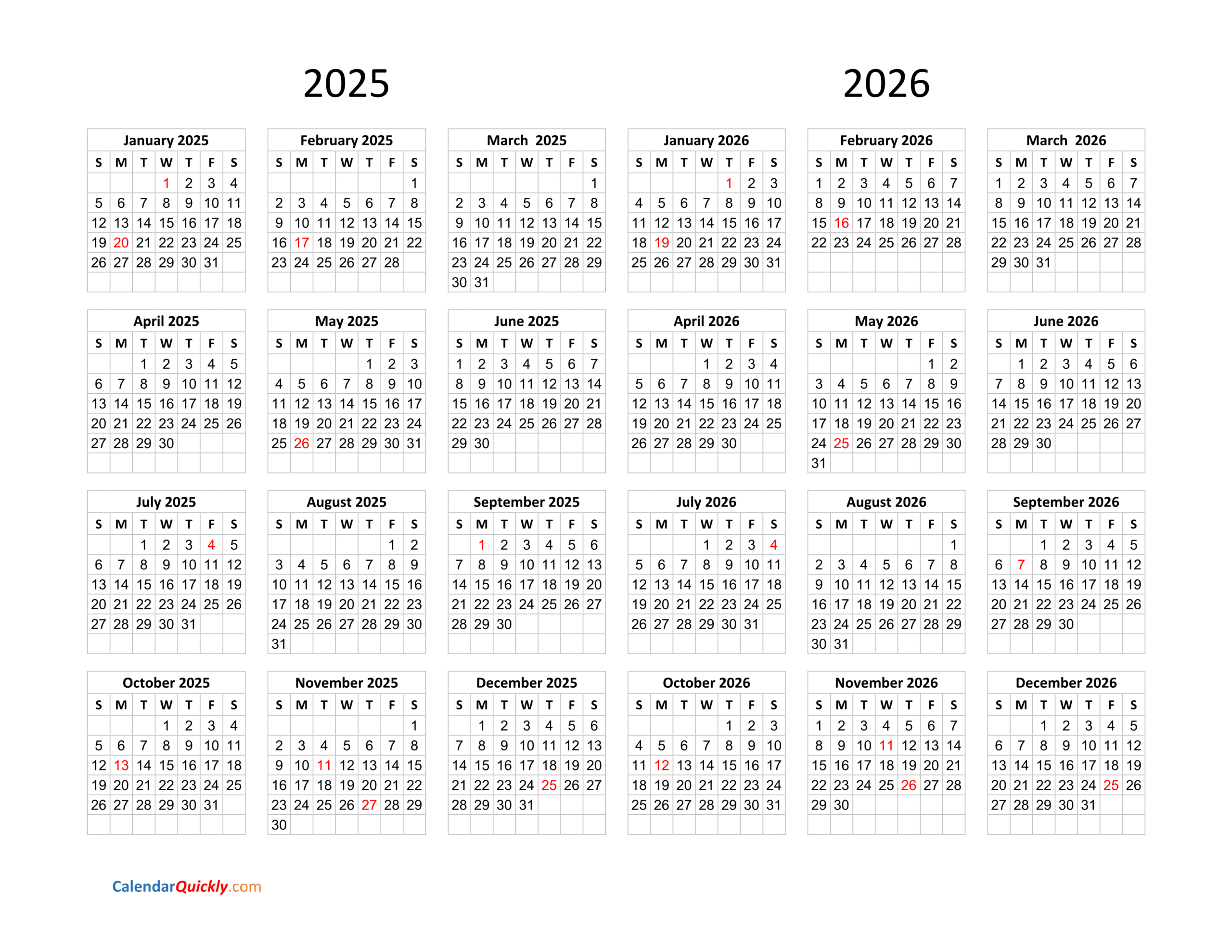 Calendar 2025 And 2026 On One Page | Calendar Quickly | Calendar 2025