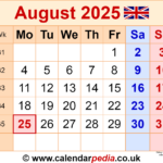 Calendar August 2025 Uk With Pdf, Excel And Word Templates | August 21 2025 Calendar