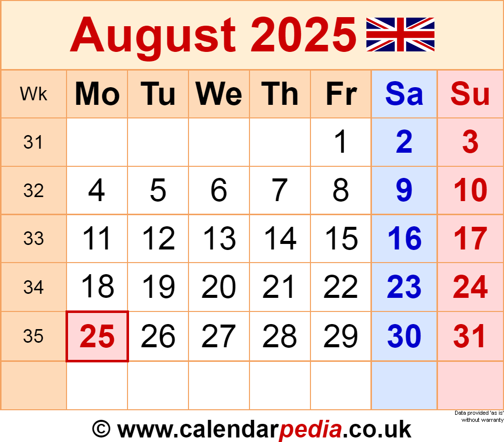Calendar August 2025 Uk With Pdf, Excel And Word Templates | August 21 2025 Calendar