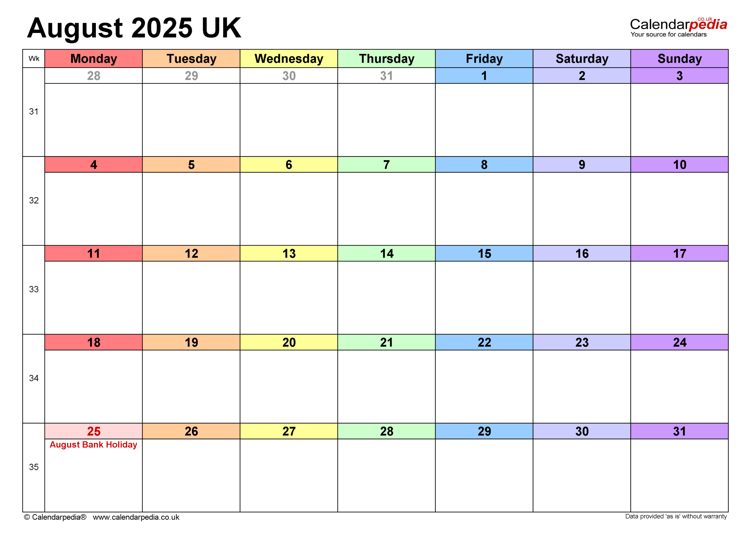 Calendar August 2025 Uk With Pdf, Excel And Word Templates | August Calendar 2025 Printable Word