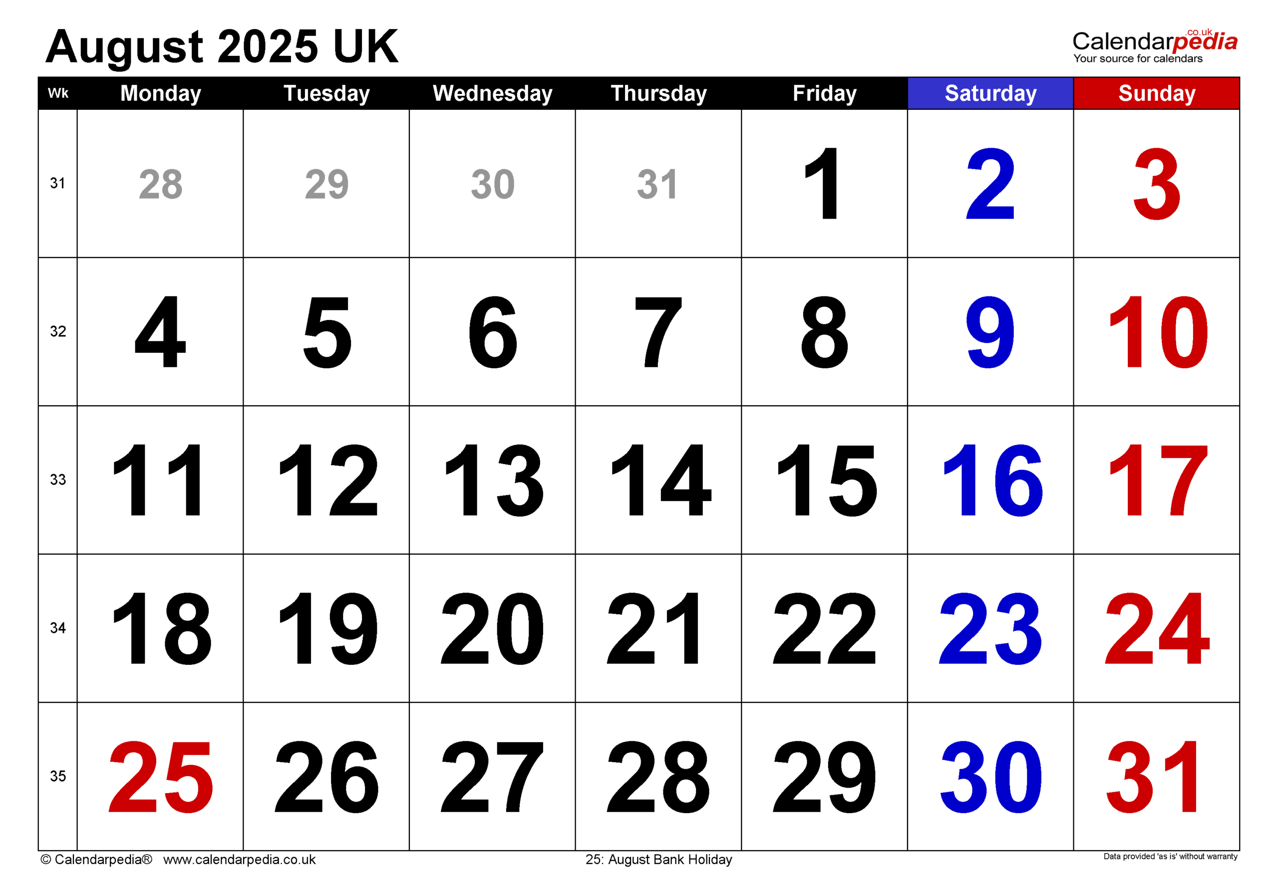 Calendar August 2025 Uk With Pdf, Excel And Word Templates | August Calendar For 2025