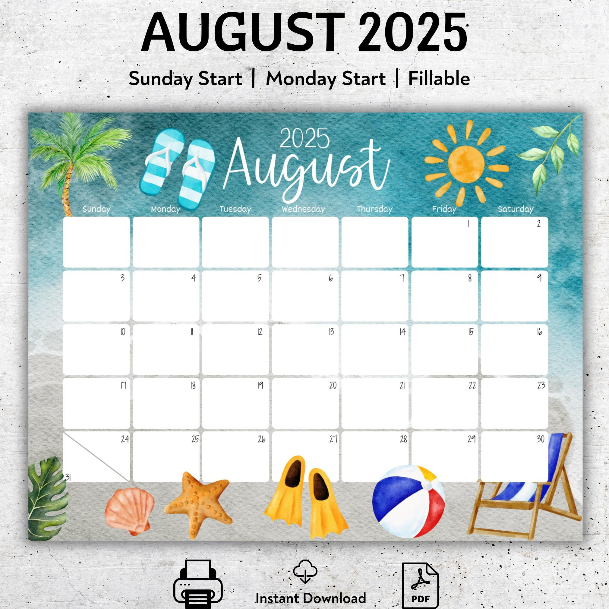 Editable August 2025 Calendar, Beautiful Summer, Beach, Sun, Flip | August 2025 Fillable Calendar