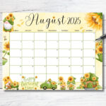Editable August 2025 Calendar, Sunflower Gnome Garden Planner | August 2025 Editable Calendar