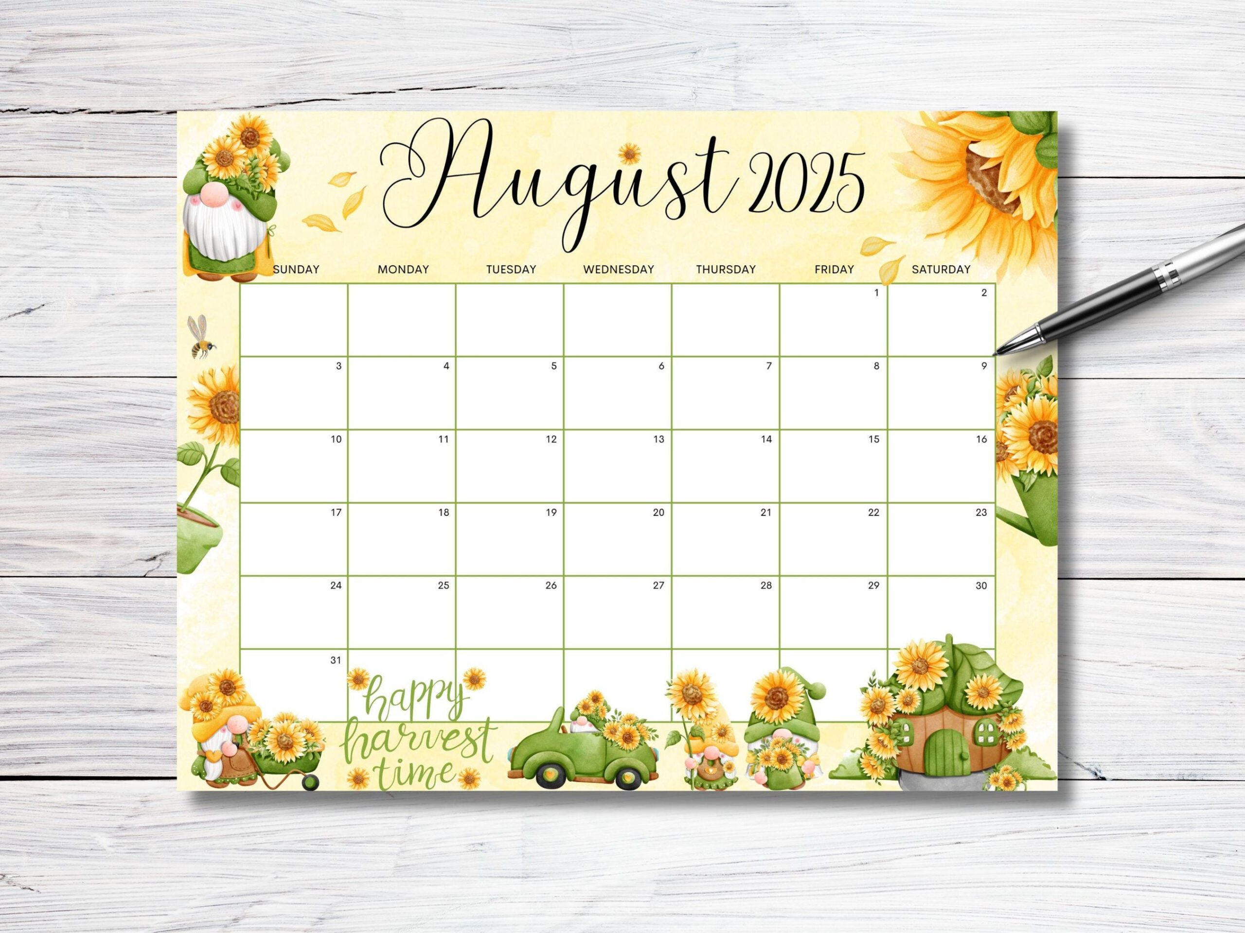 Editable August 2025 Calendar, Sunflower Gnome Garden Planner | Editable August 2025 Calendar