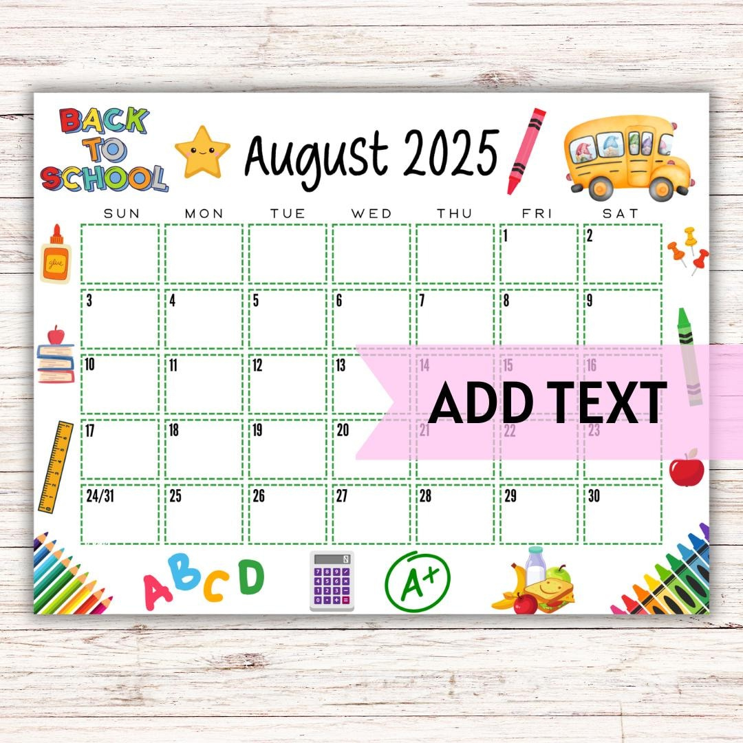 Editierbar Druckbarer August Kalender 2025 | Bunte Back To Schulkalender | Klassenzimmer-Kalender | Kalender August 2025 | Befüllbarer Kalender - | Ideas For August 2025 Calendar