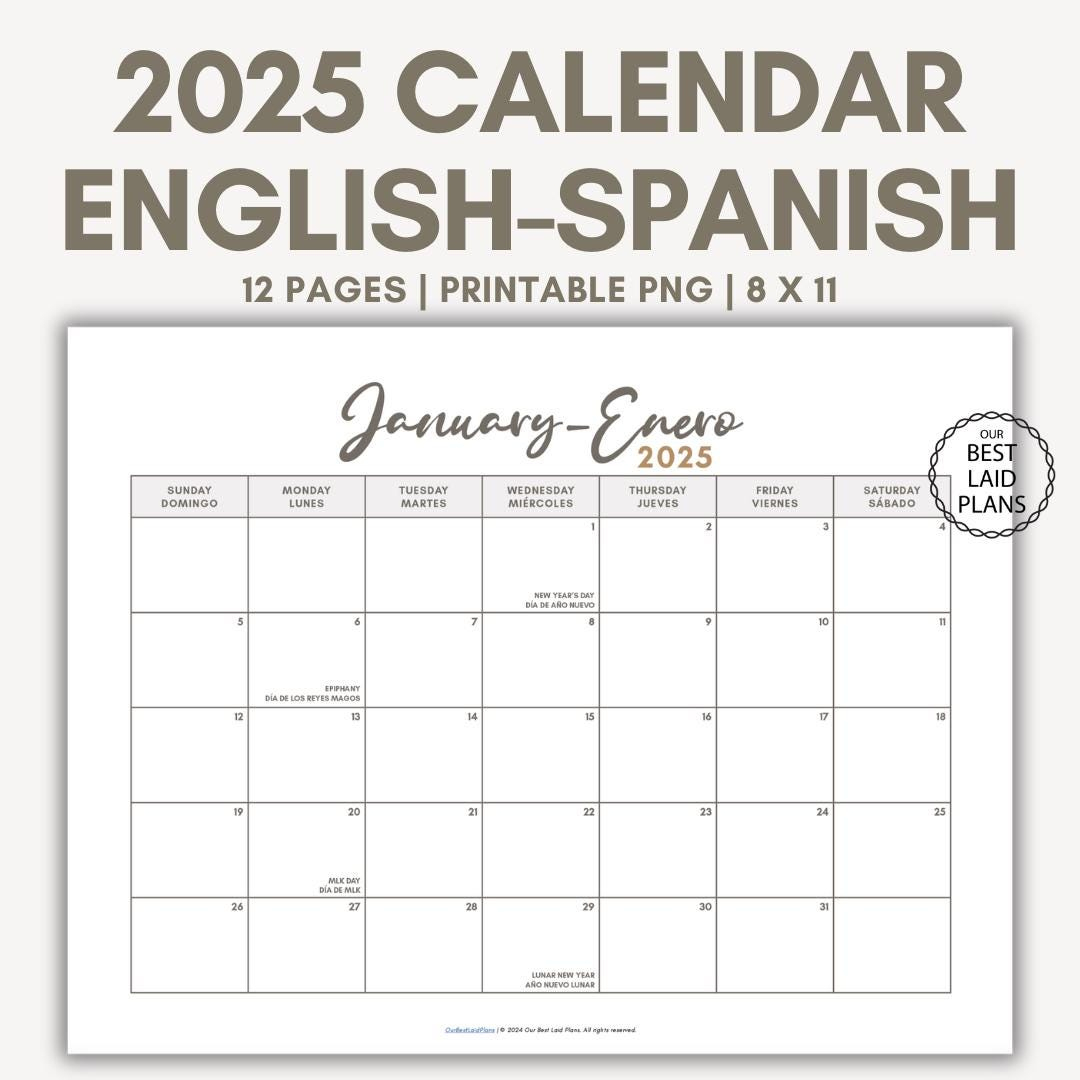 English Spanish Calendar For 2025 Printable Pdf With Holidays | August In Spanish Calendar 2025