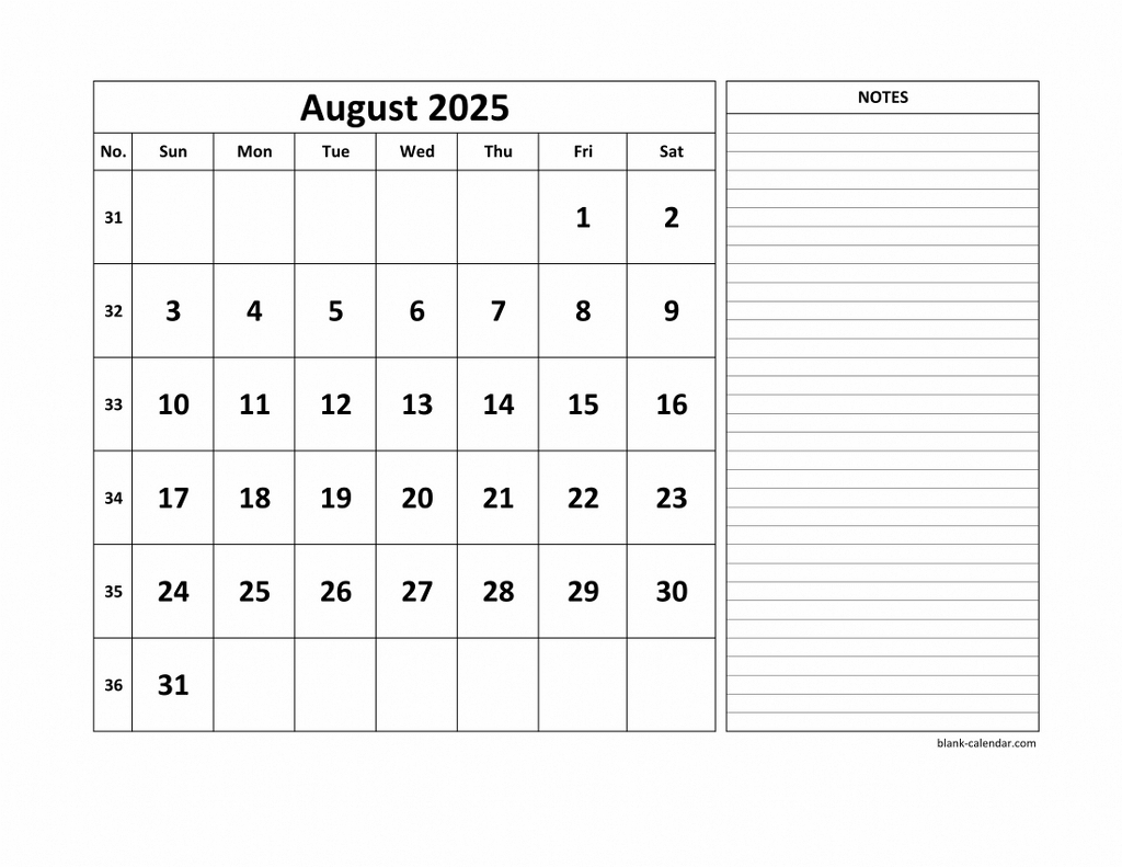 Free Download Printable August 2025 Calendar, Large Space For | August 2025 Calendar with Notes
